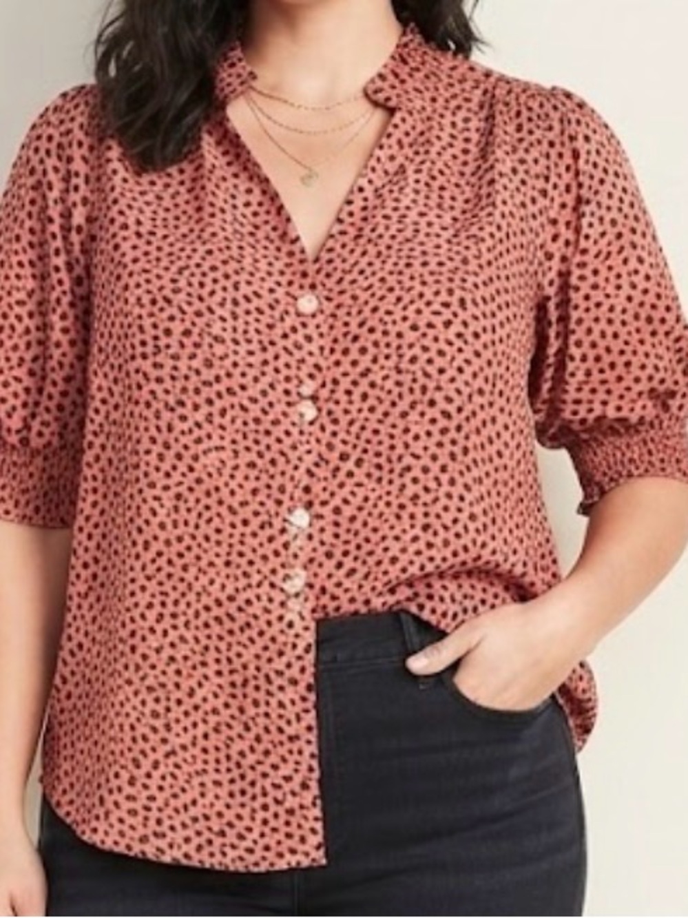 Emery Rose Peach Black Animal Print Ruffle V-Neck Puff Sleeve Blouse Size 2XL